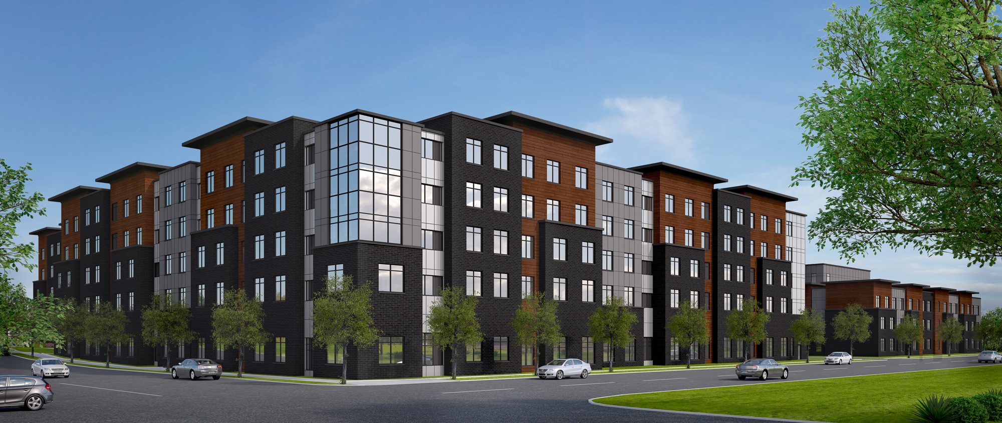 Pilgrim Village rendering — five-story mixed-income apartment building with dark brick base, wood-tone panels, and curtain-wall corner tower