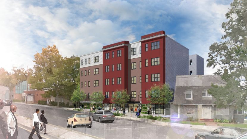 Langdon Apartments rendering — four-story red and blue panel-clad apartment building on a tree-lined Philadelphia street